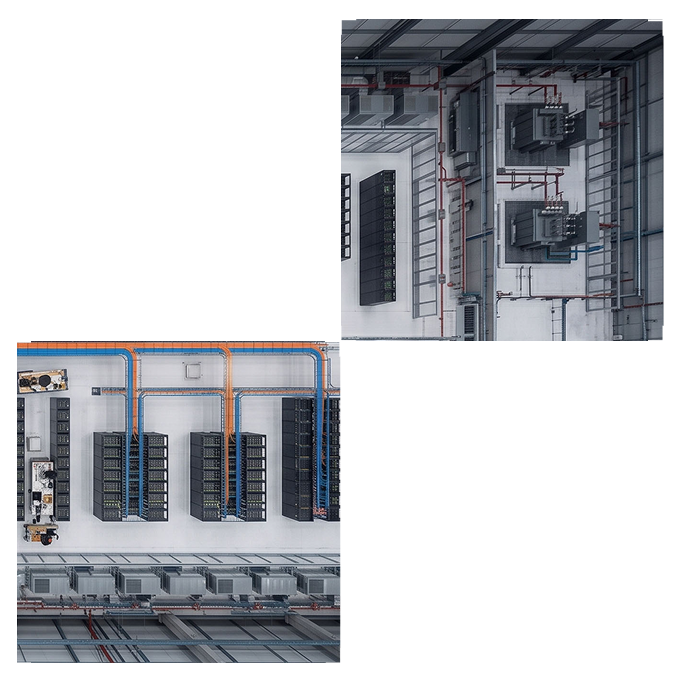 A data centre plant room of chilled-water and fire-main pipework, cornered against an overhead view of a data hall with blue and orange cable containment