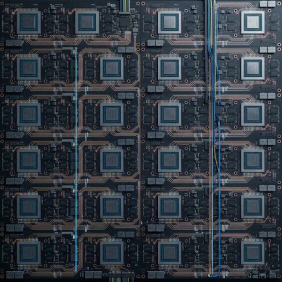 A top-down grid of GPU packages laid out on a circuit board